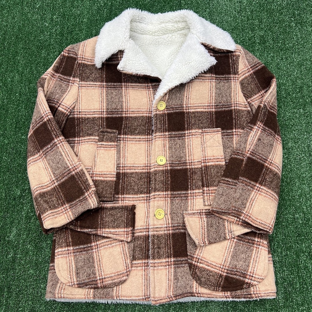 Vintage Plaid Sherpa Rancher Coat Mens Medium Brown Wool Heavy‎ Flannel 60s 70s